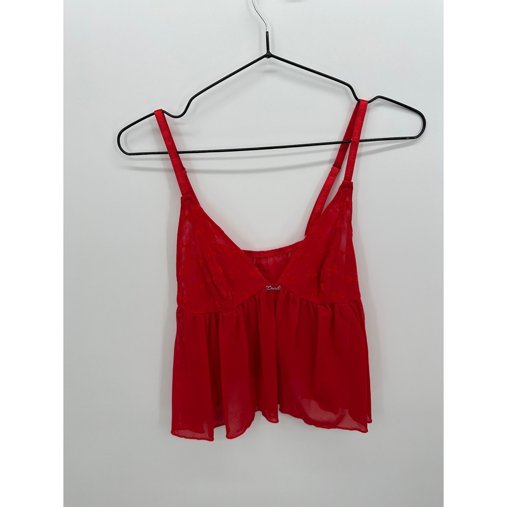Paris Hilton Y2K Red Mesh Flocked Bow Babydoll Camisole Lingerie Top Sz L Sexy
